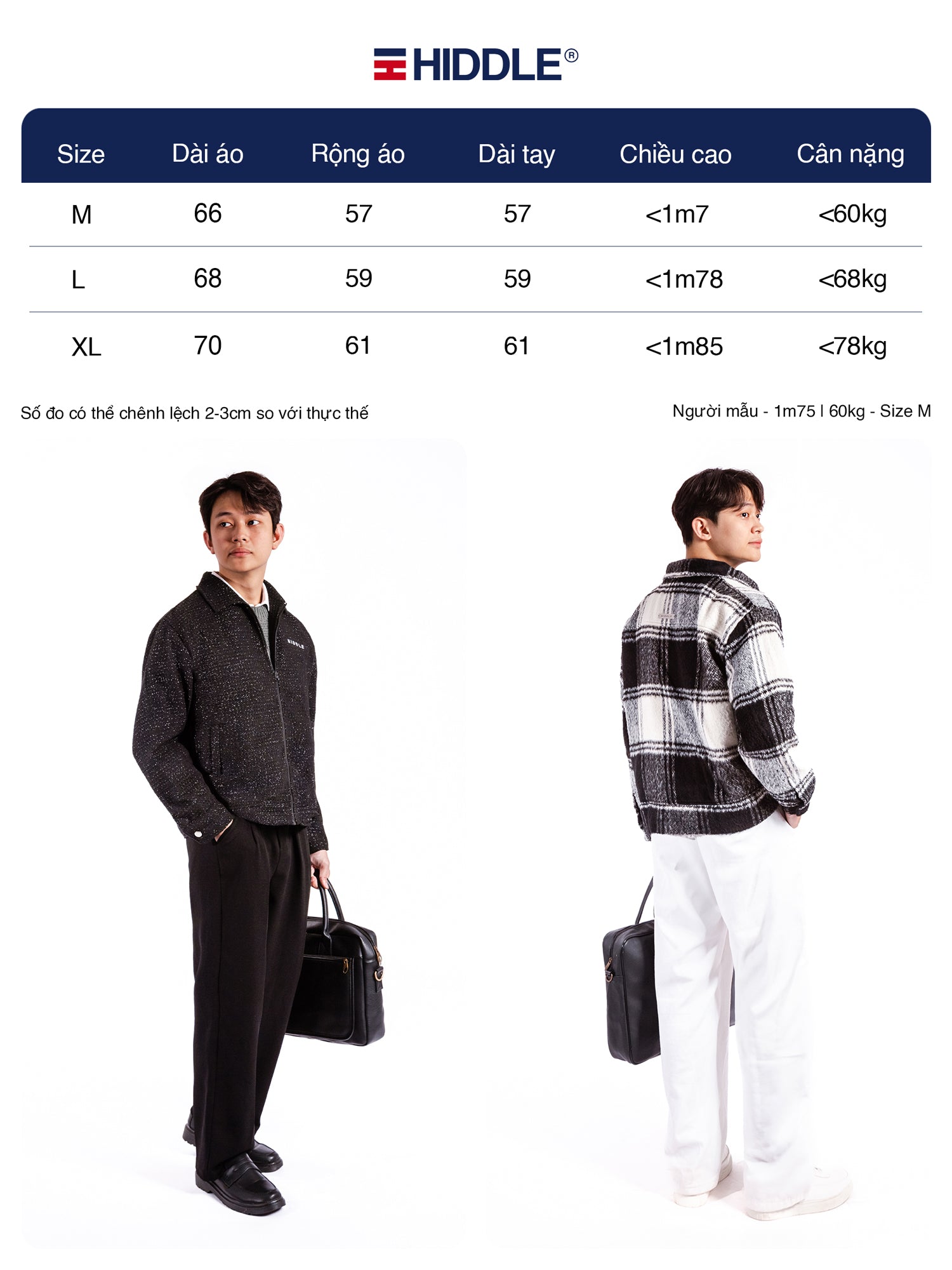 Size chart for clothing with two models wearing different outfits and carrying briefcases.