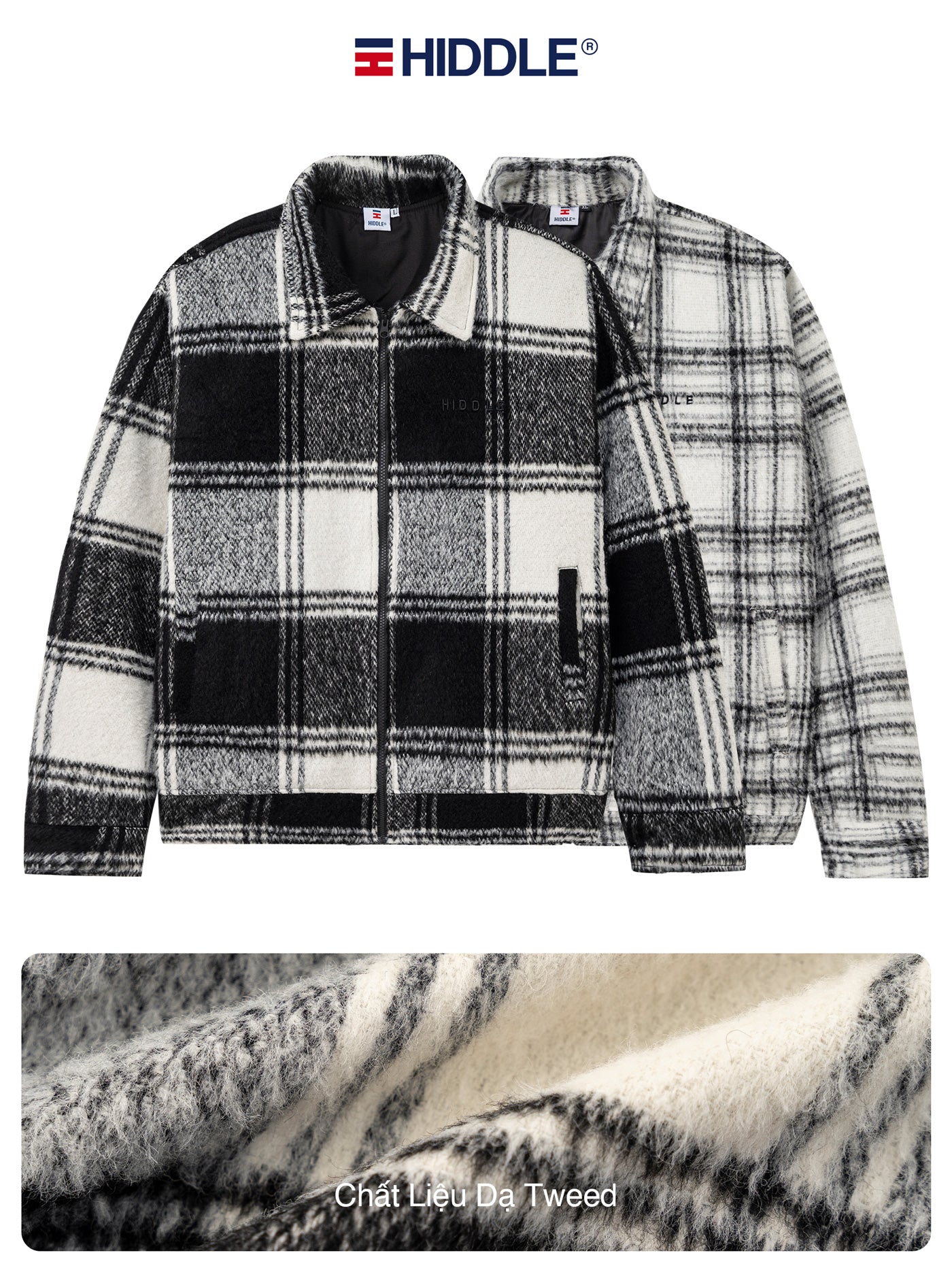 Plaid jacket with Hiddle branding on a white background