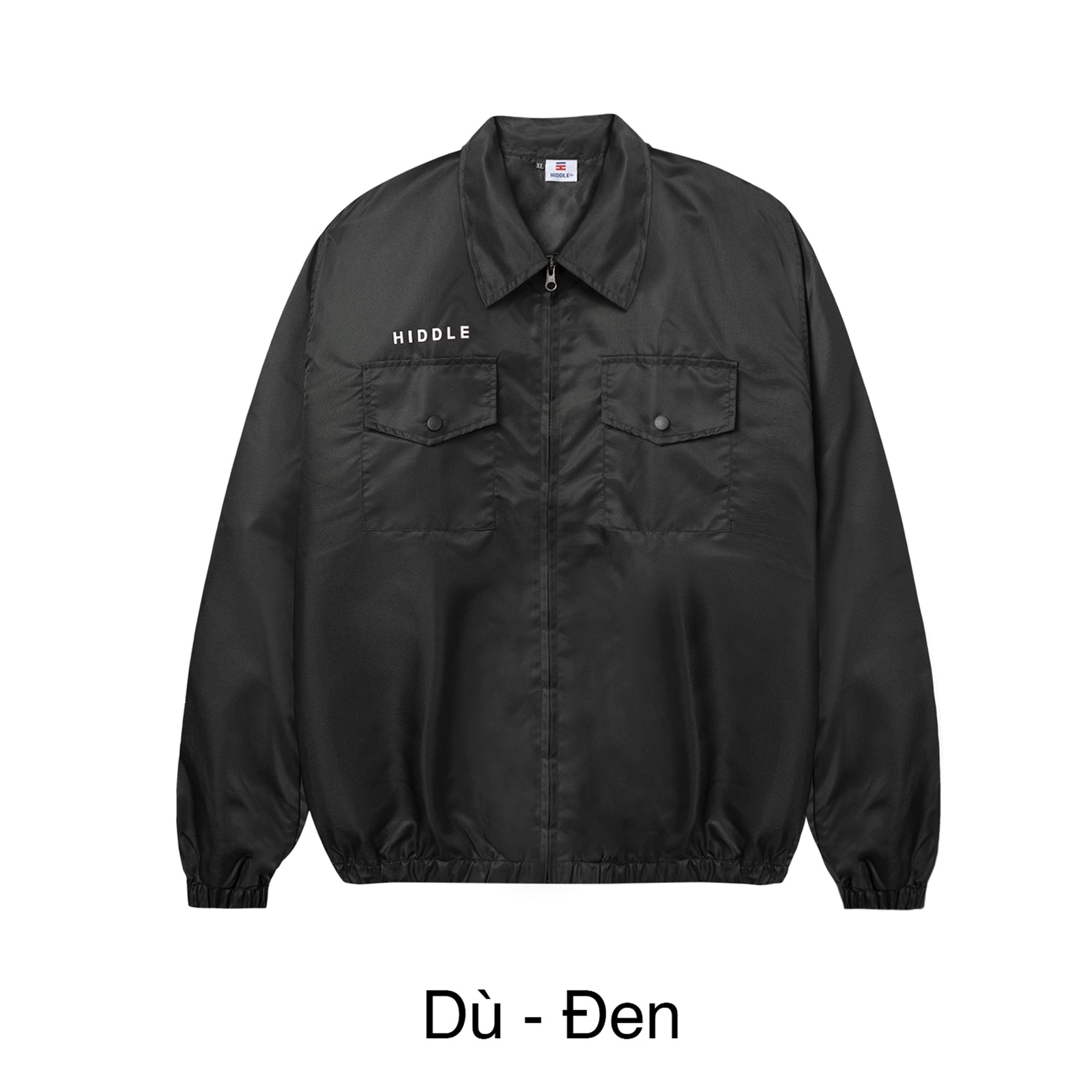 Black jacket with 'HIDDLE' branding on a white background