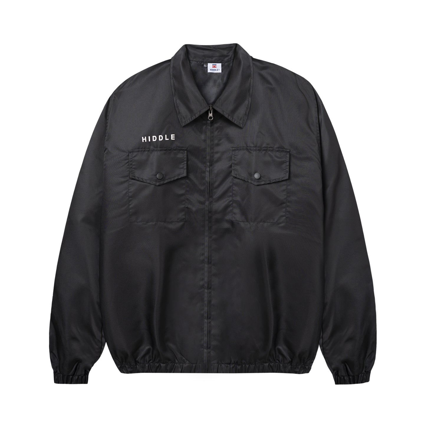 Black jacket with 'HIDDLE' branding on a white background