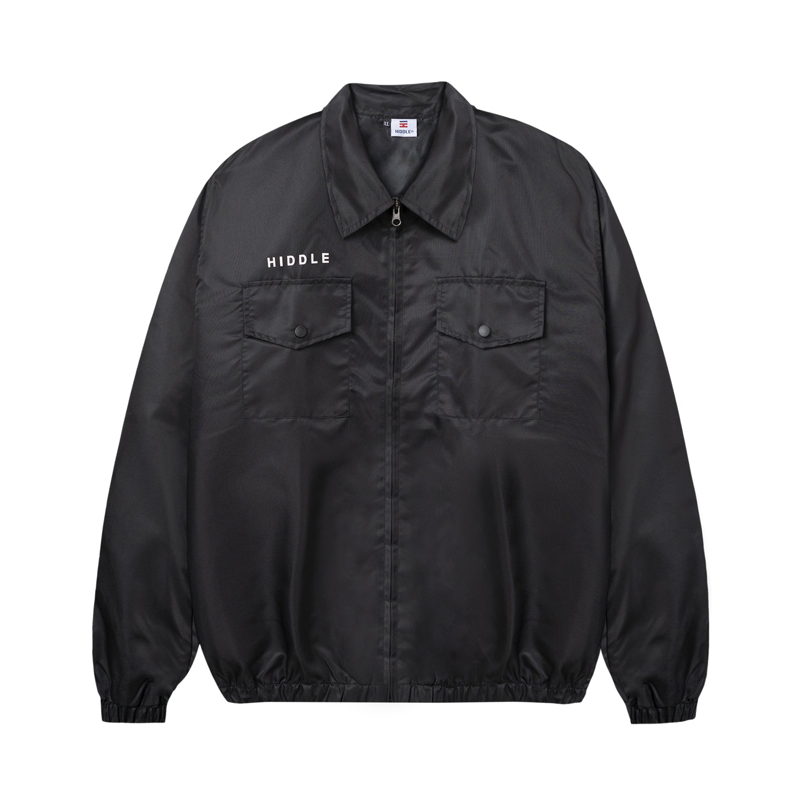 Black jacket with 'HIDDLE' branding on a white background