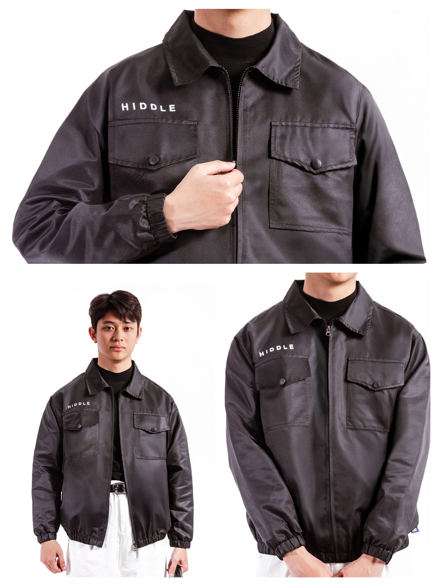 Black jacket with 'HIDDLE' branding displayed on a white background