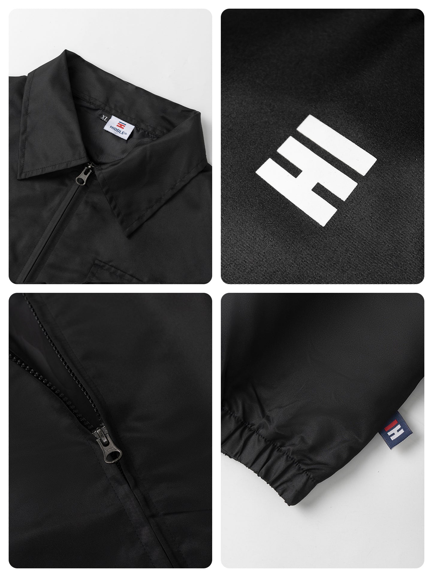 Black jacket with brand logo and details on a white background