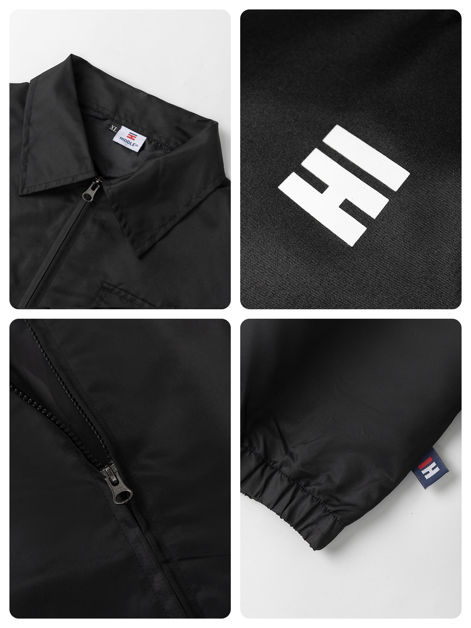 Black jacket with brand logo and details on a white background
