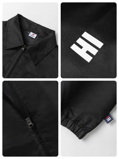 Black jacket with brand logo and details on a white background