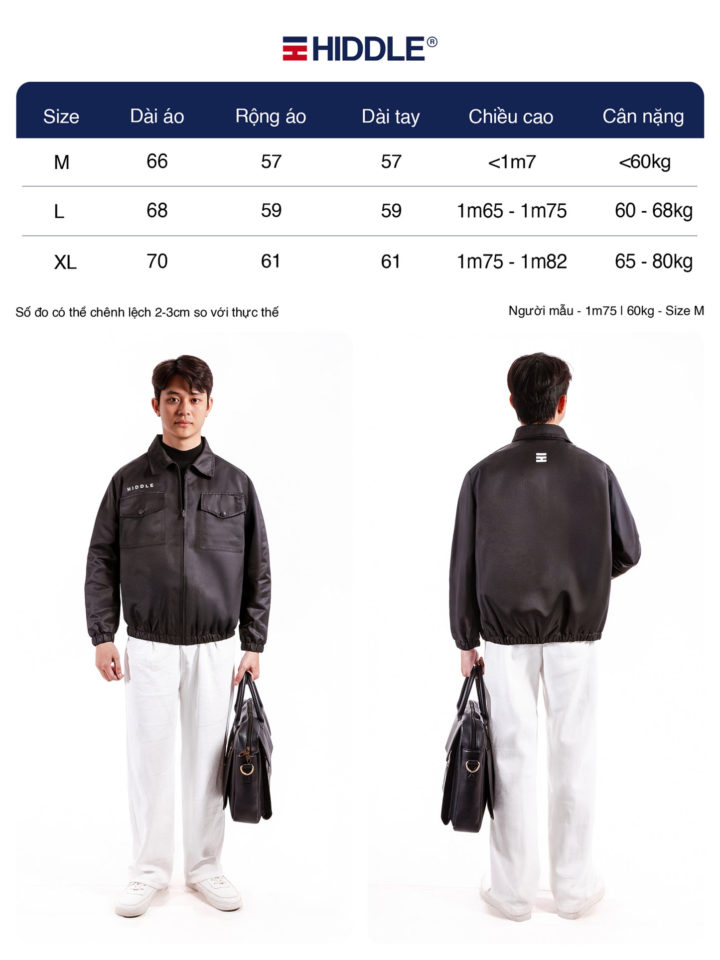 Size chart for a jacket with Hiddle branding, showing measurements and fitting information.