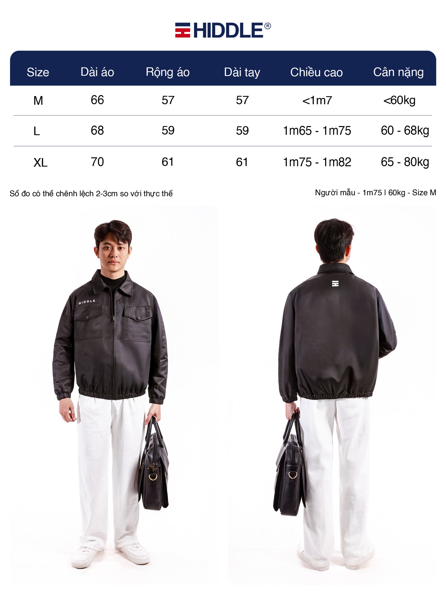 Size chart for a jacket with Hiddle branding, showing measurements and fitting information.