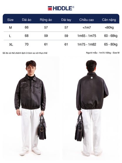 Size chart for a jacket with Hiddle branding, showing measurements and fitting information.