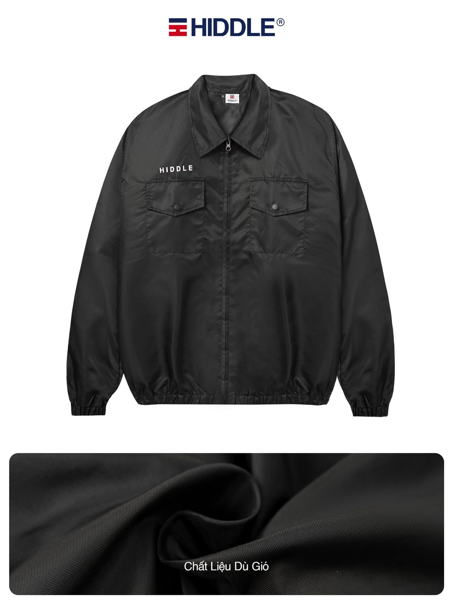 Black jacket with 'Hiddle' branding on a white background