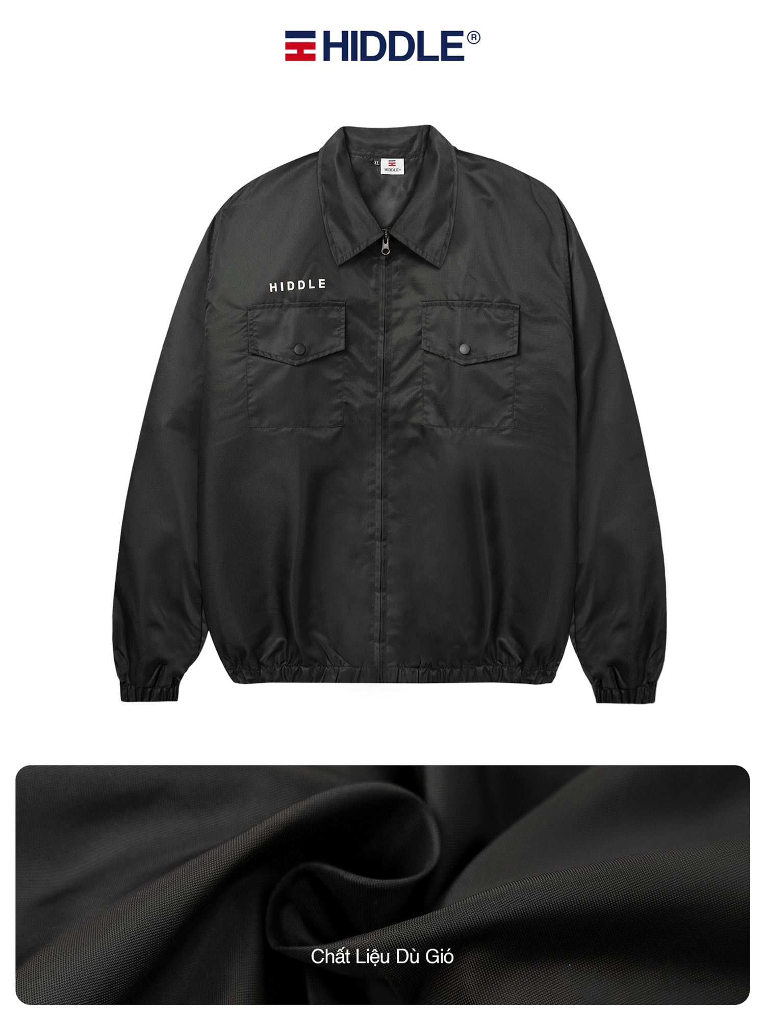 Black jacket with 'Hiddle' branding on a white background