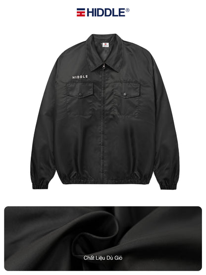 Black jacket with 'Hiddle' branding on a white background