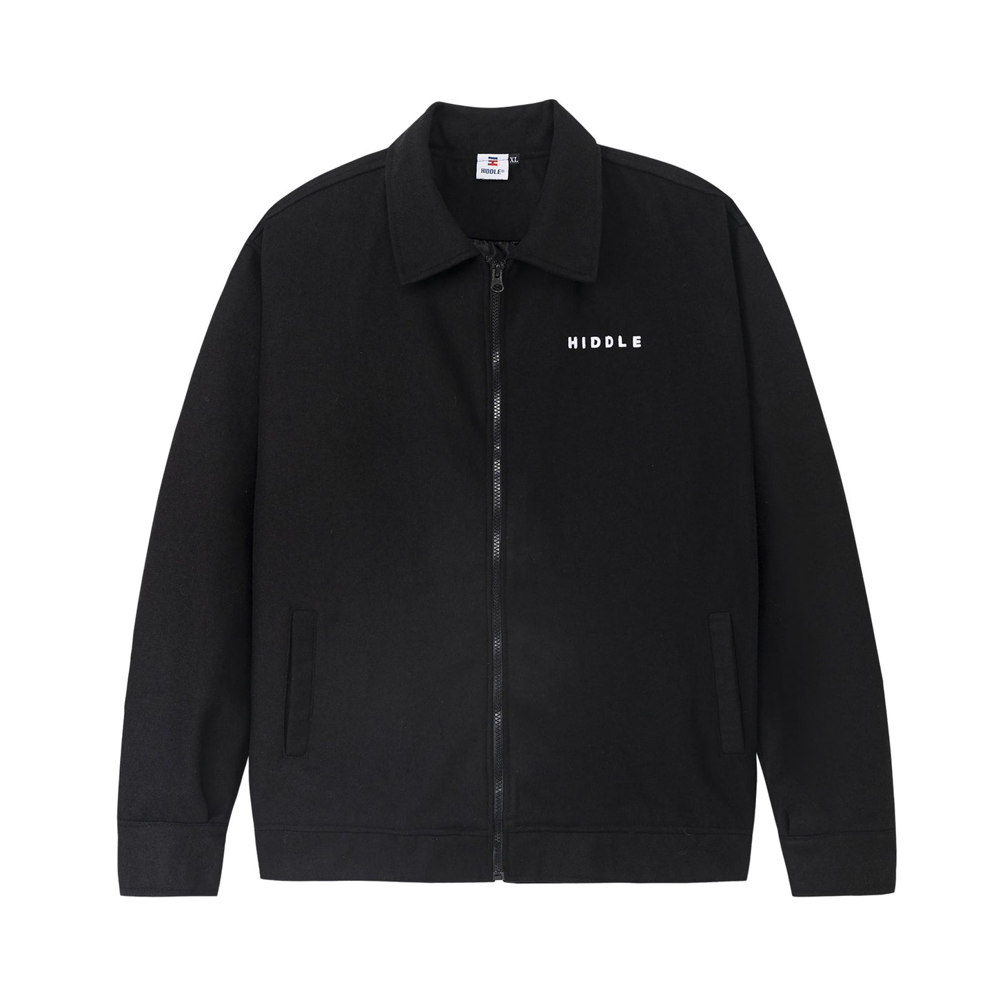 Black jacket with 'HIDDLE' branding on a white background