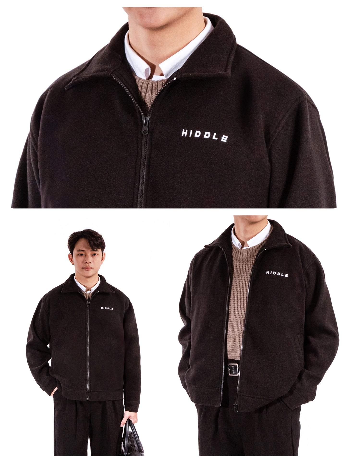 Black jacket with 'HIDDLE' branding worn by a person on a white background