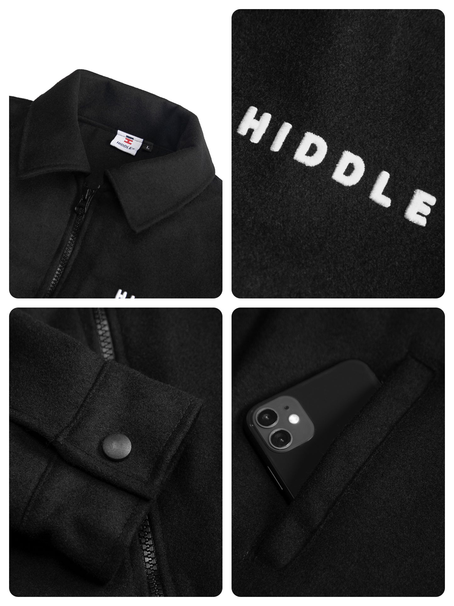 Black jacket with close-up details including a brand logo, zipper, button, and phone pocket.