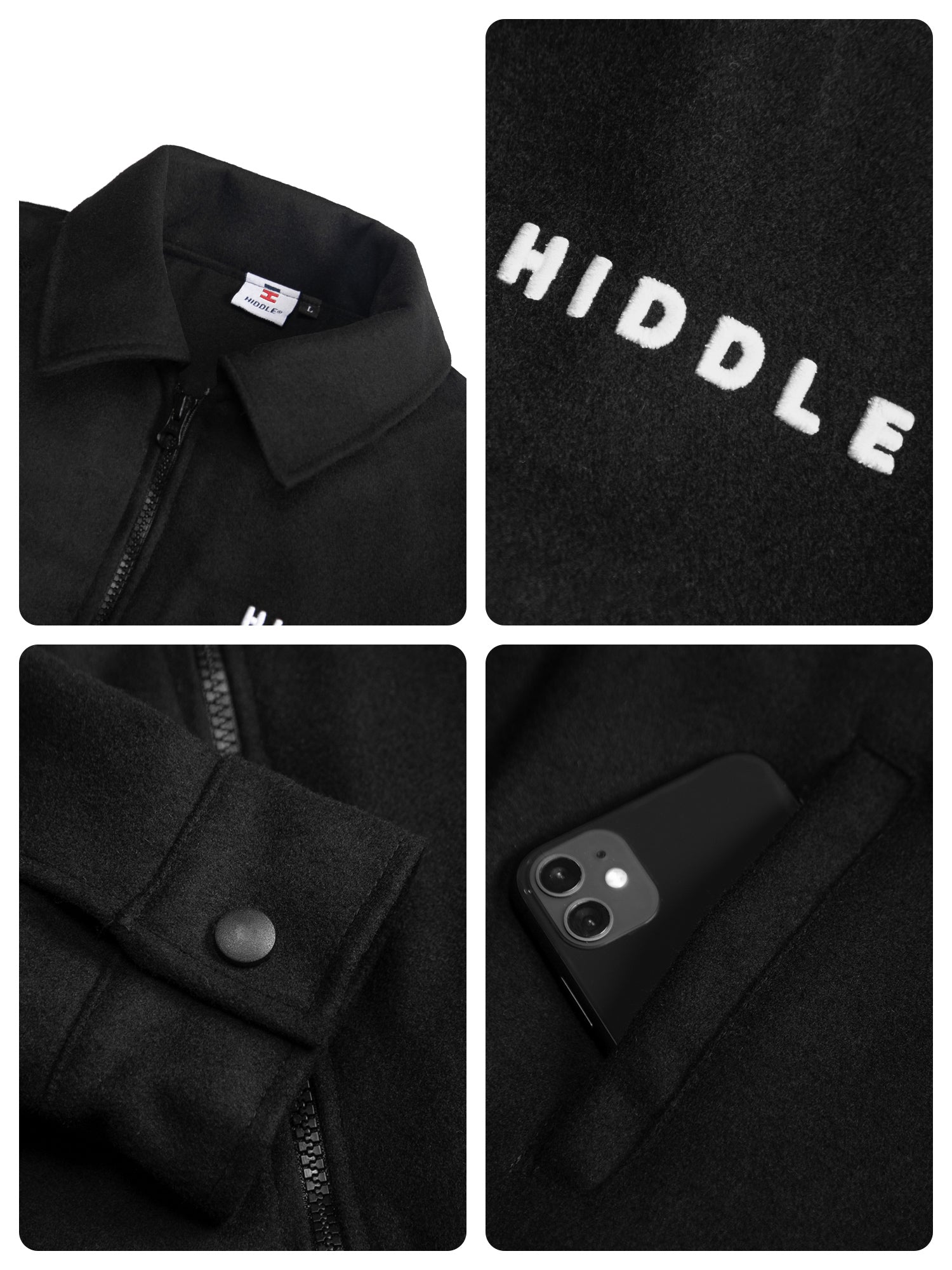 Black jacket with close-up details including a brand logo, zipper, button, and phone pocket.