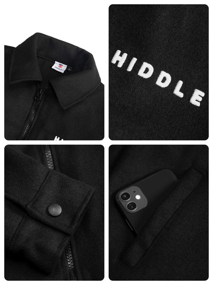 Black jacket with close-up details including a brand logo, zipper, button, and phone pocket.