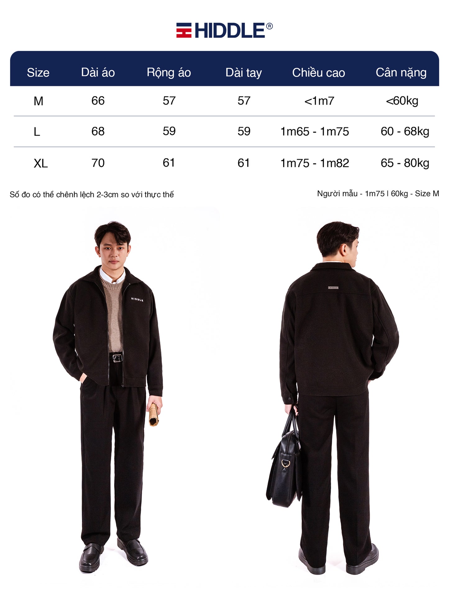 Hiddle workwear size chart with two models wearing the outfit.