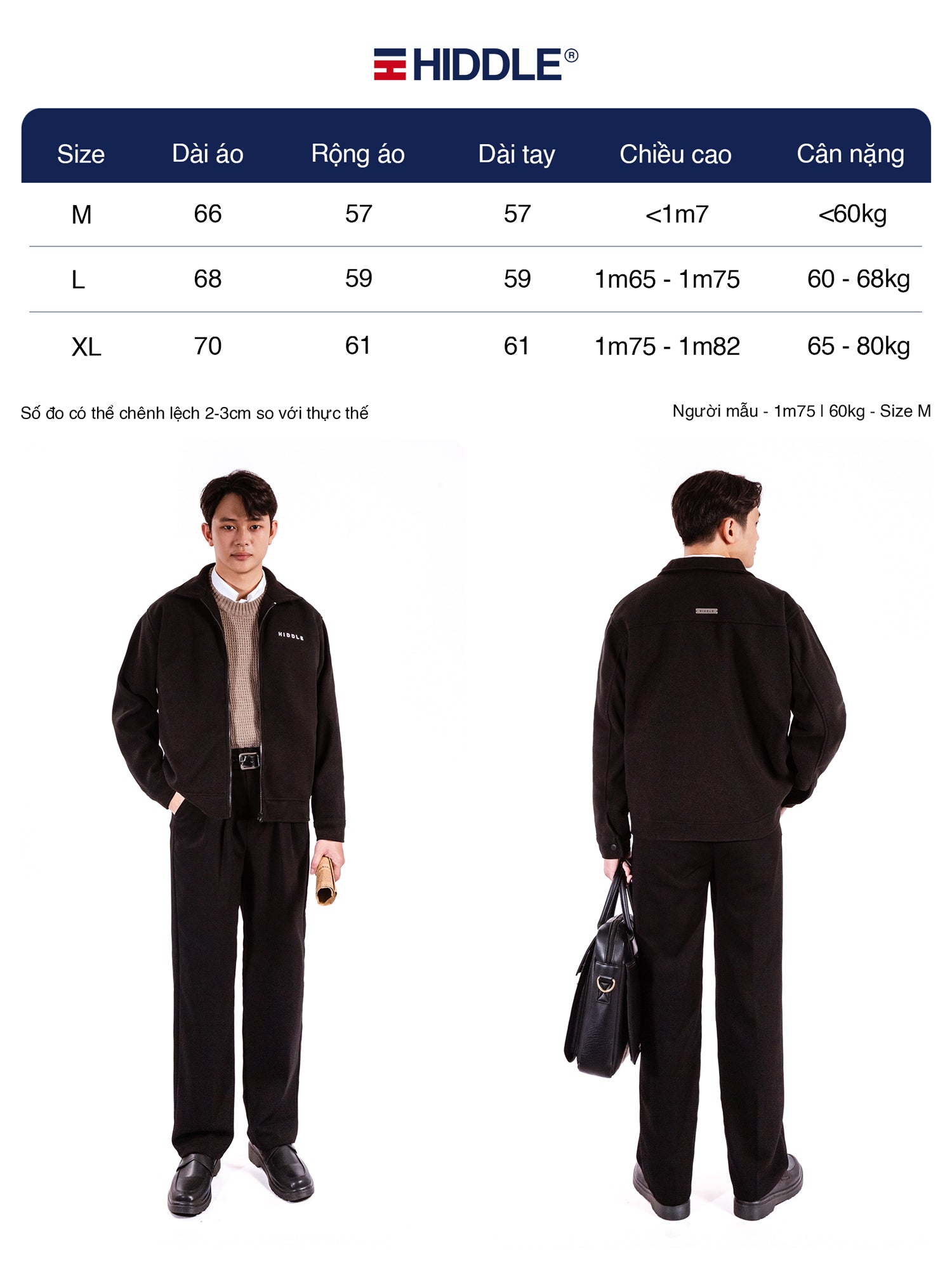 Hiddle workwear size chart with two models wearing the outfit.
