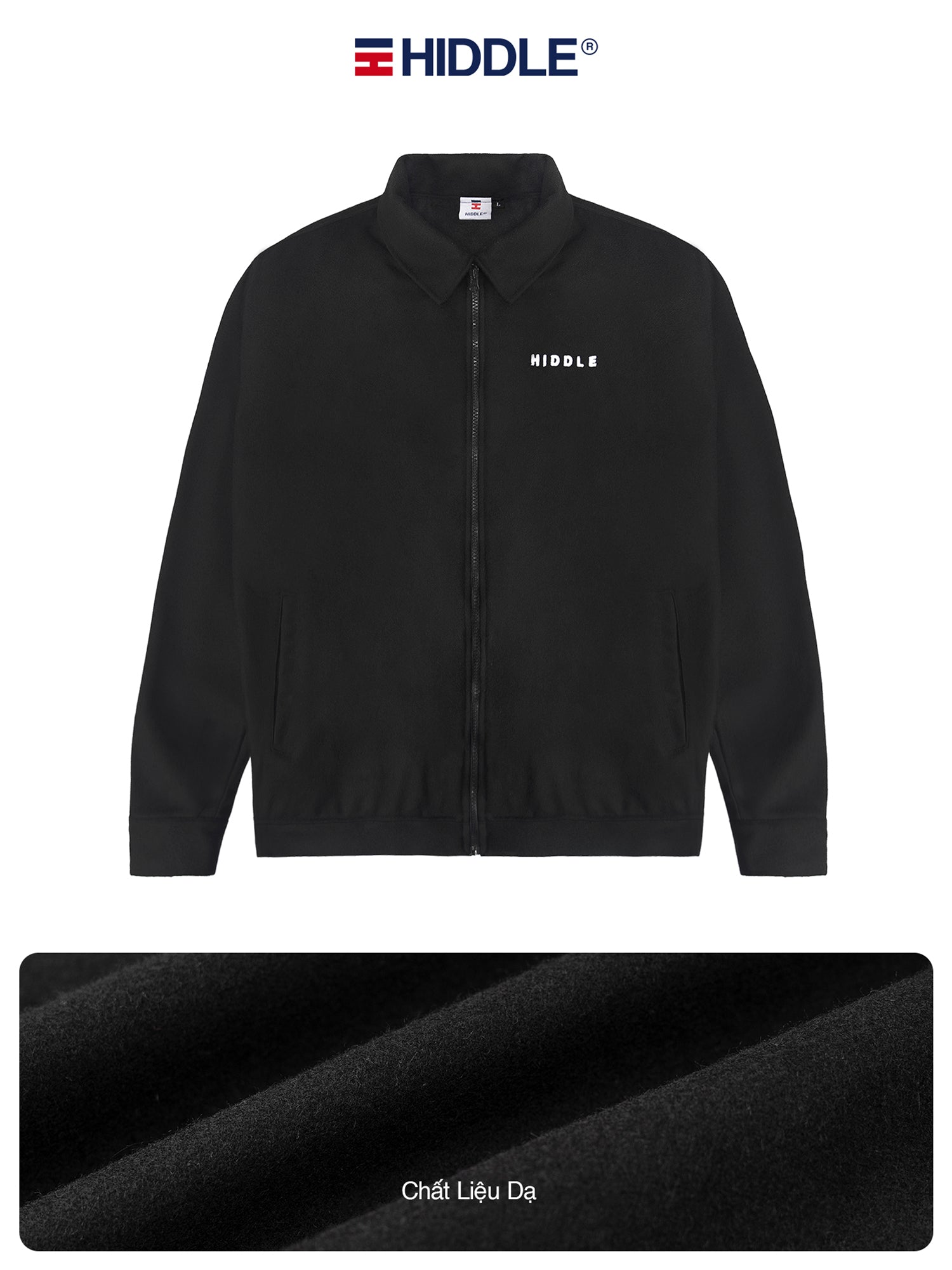 Black jacket with 'Hiddle' branding on a white background