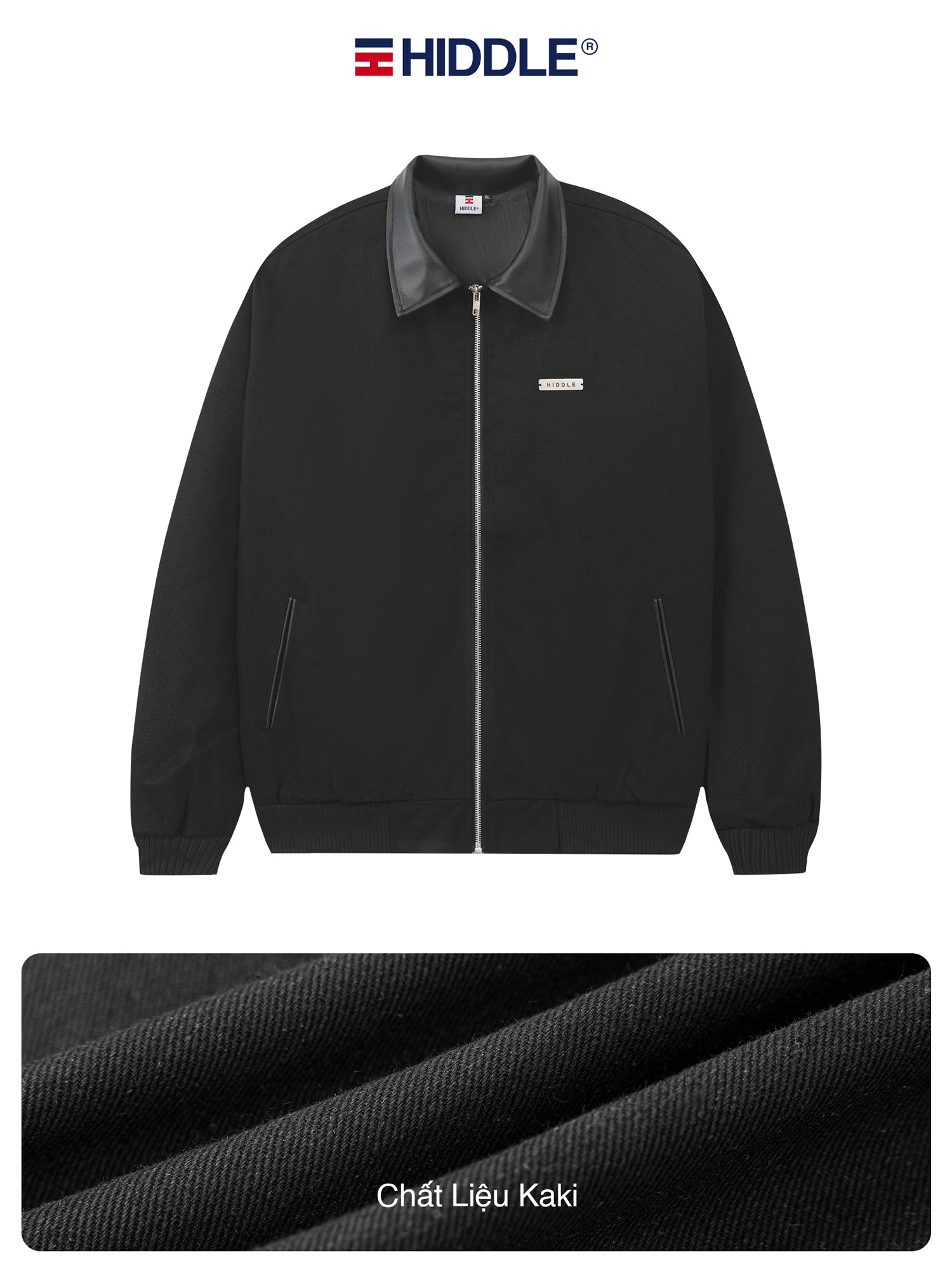 Black jacket with gray collar and Hiddle logo on a white background
