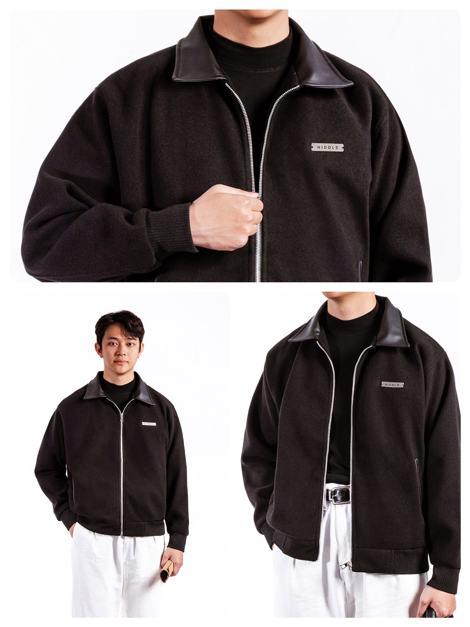 Black jacket with a brand logo worn by a person on a white background