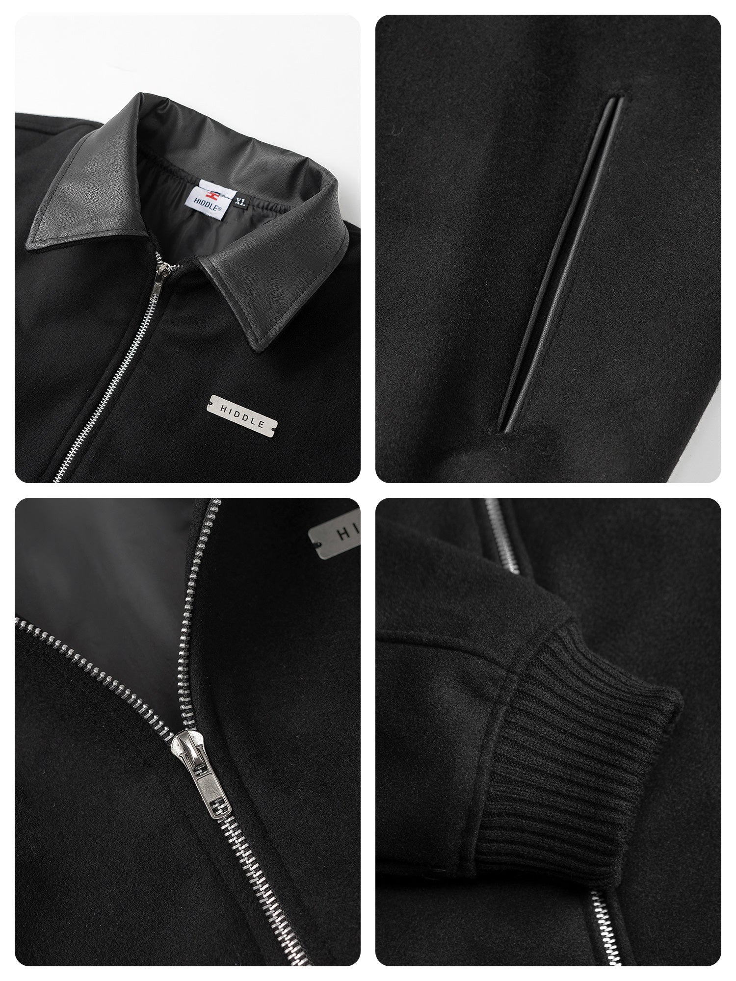 Collage of a black jacket with close-up details on a white background