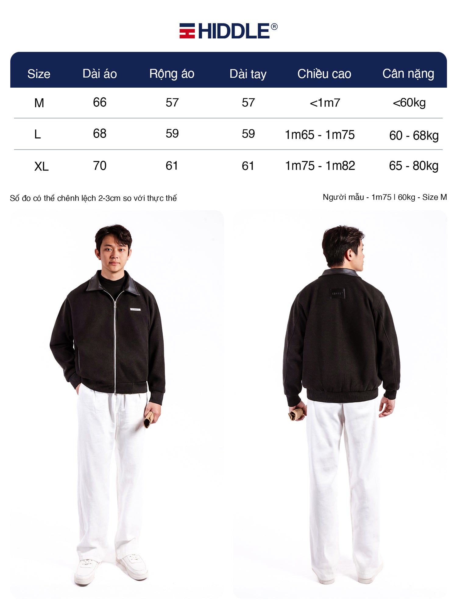 Person wearing a black jacket with size chart and Hiddle logo