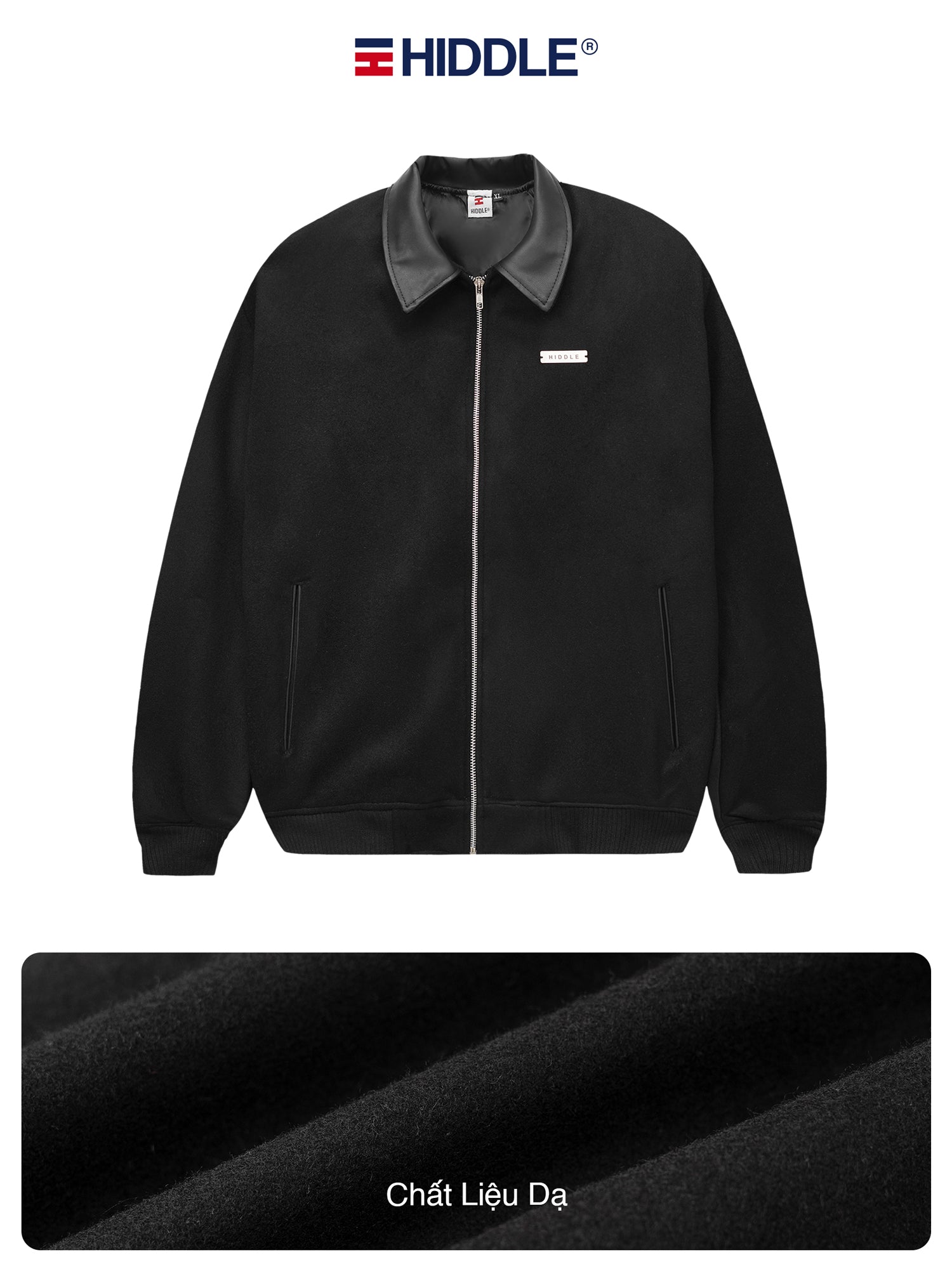 Black jacket with gray collar on a white background, featuring the Hiddle brand.