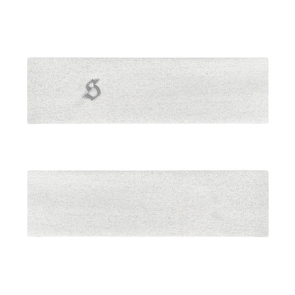 Two white headbands with a monogram 'S' on a white background