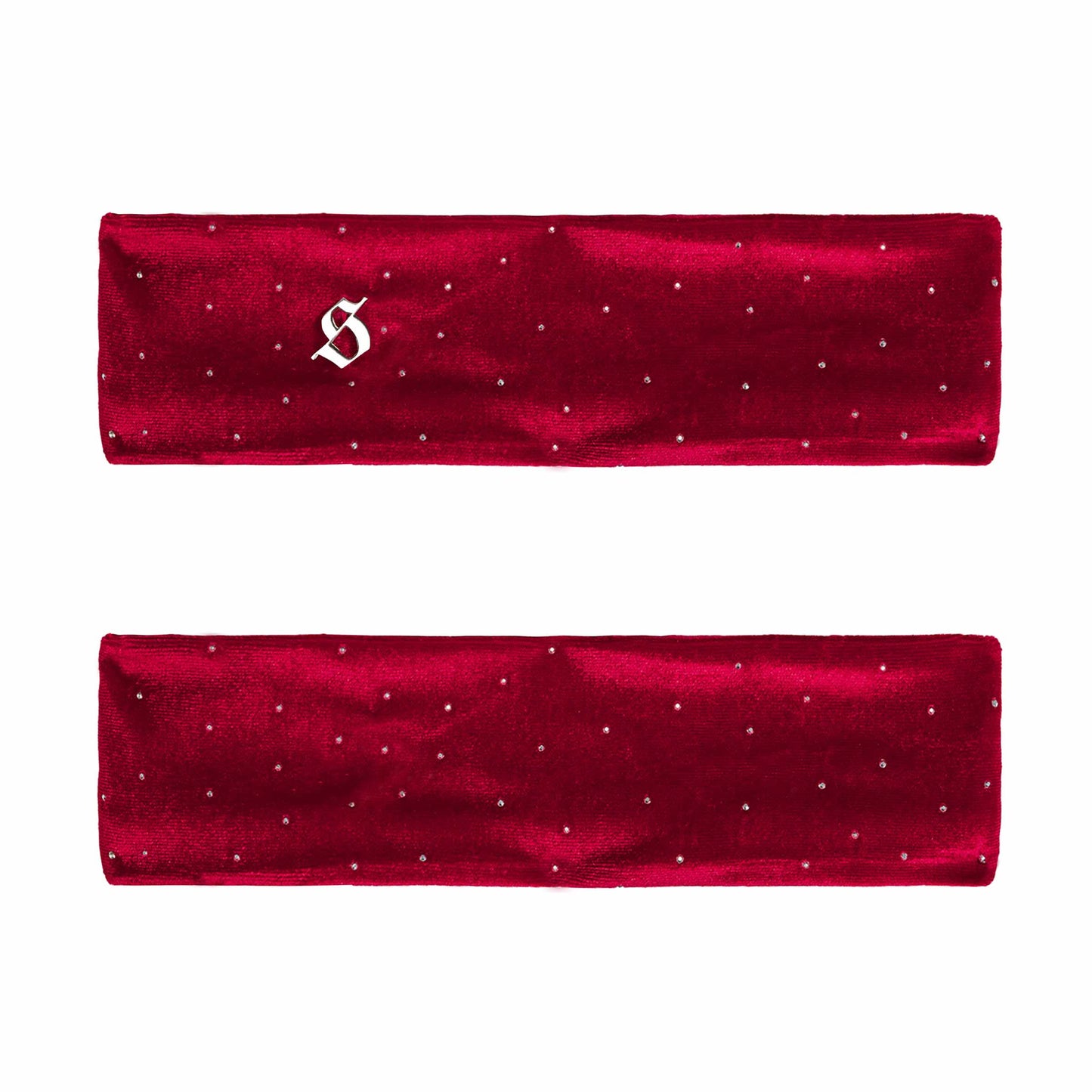 Two red satin headbands with small white embellishments on a white background