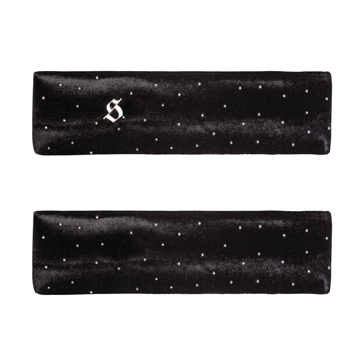 Two black satin headbands with white polka dots on a white background