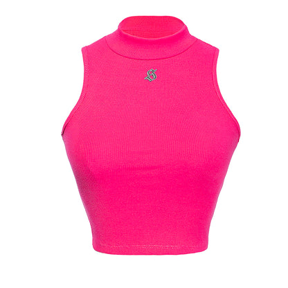Pink sleeveless top with a small logo on a white background