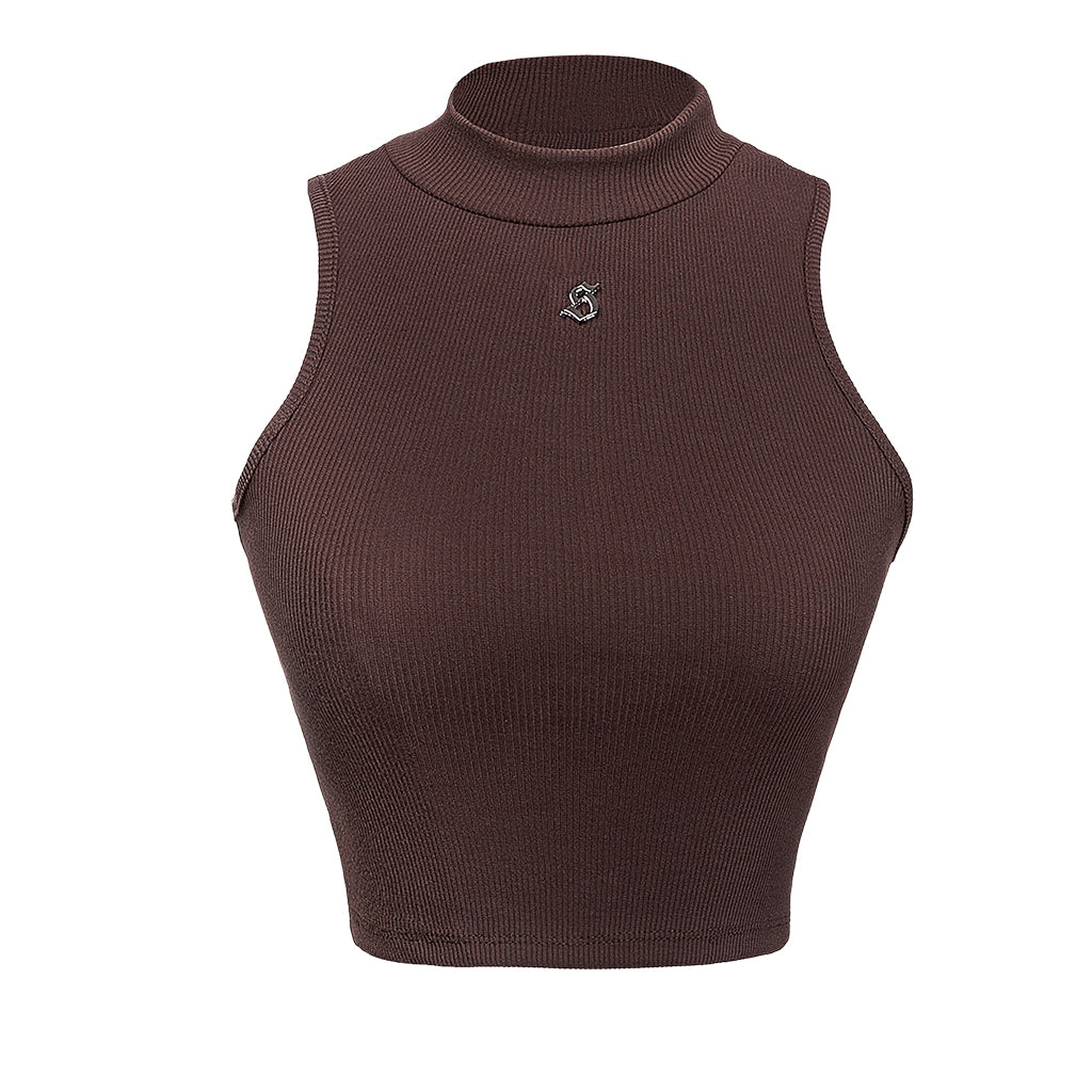 Brown ribbed tank top with a small logo on a white background