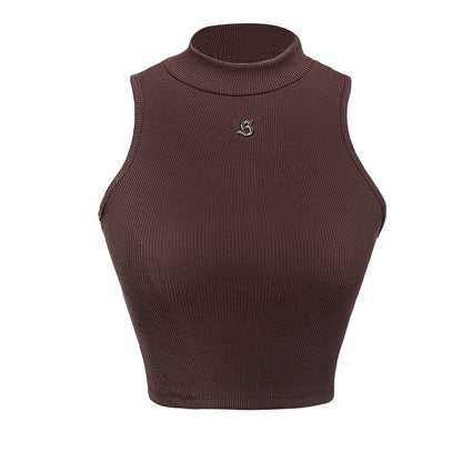 Brown ribbed tank top with a small logo on a white background