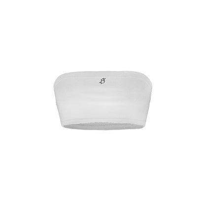White bandeau top with a logo on a white background