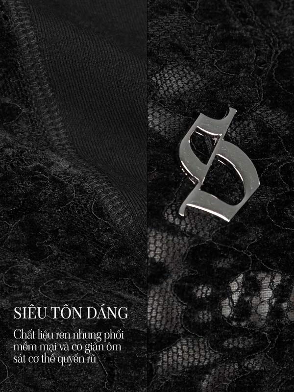 Black lace garment with a silver logo on a black background