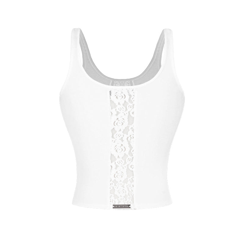 White tank top with lace detailing on a white background