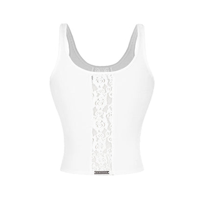 White tank top with lace detailing on a white background