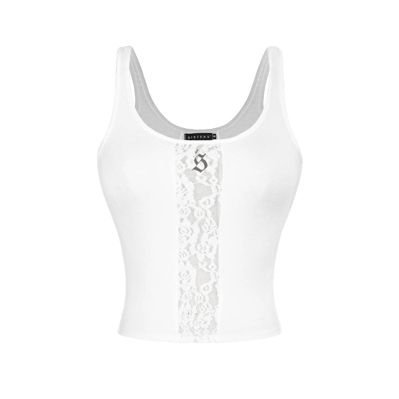 White tank top with lace detail and brand logo on a white background
