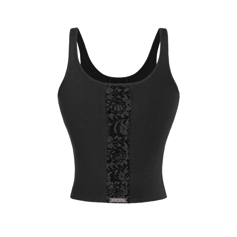 Black tank top with lace detail on a white background