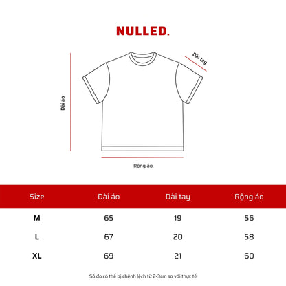 T-shirt size chart with dimensions on a white background