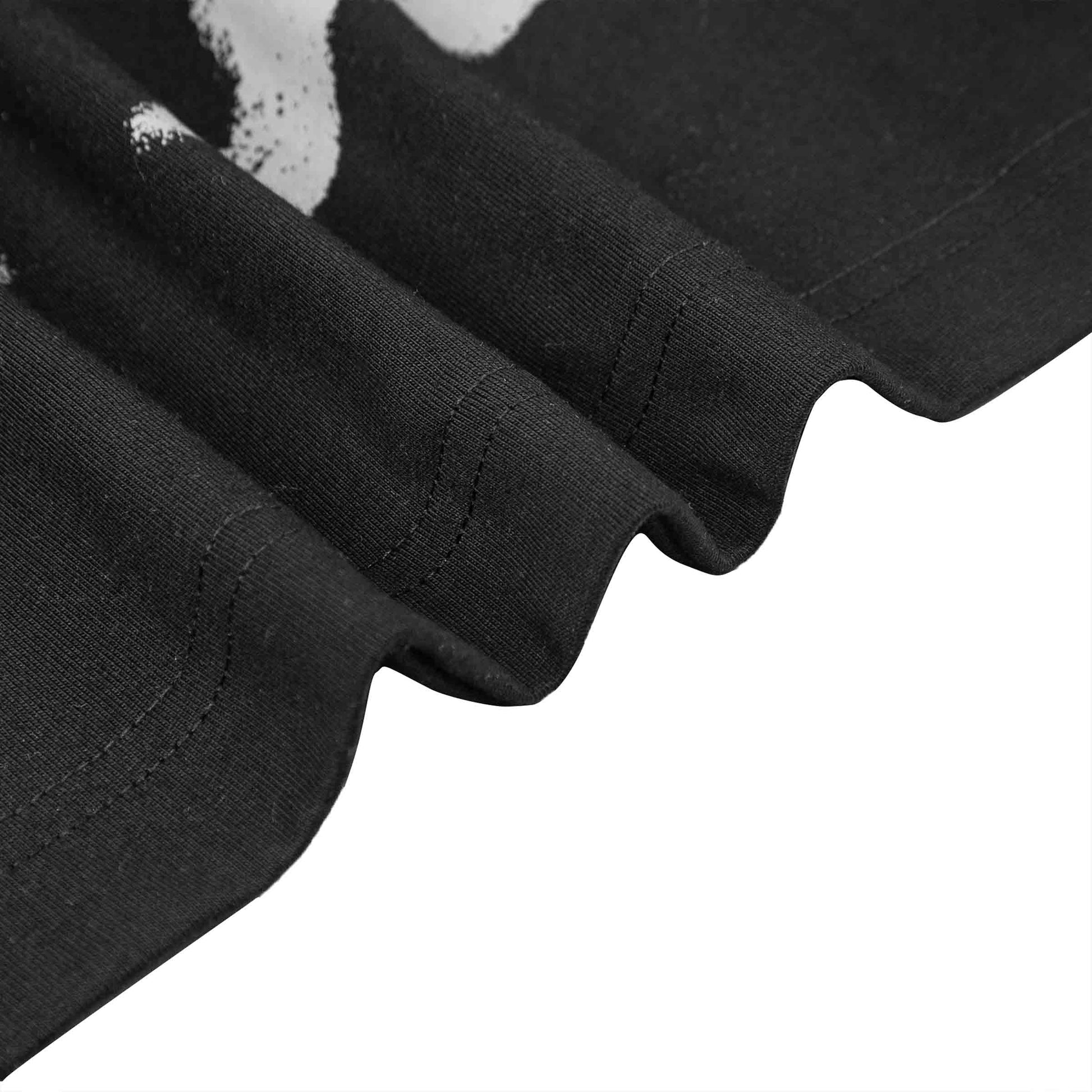 Close-up of black fabric with white patterns on a white background