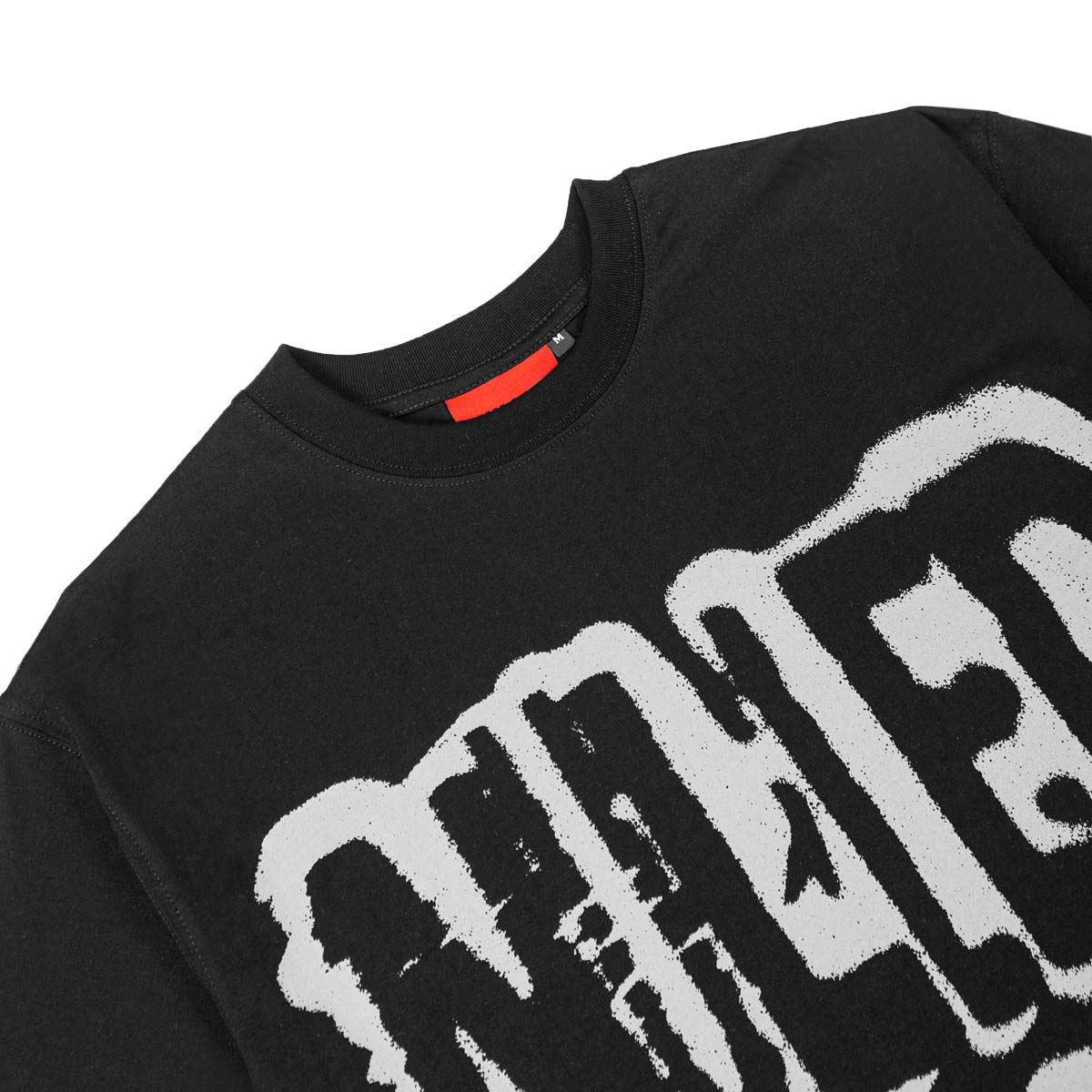 Black sweatshirt with white graphic design on a white background