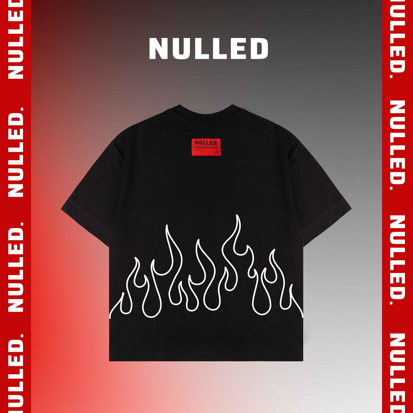 Black t-shirt with white flame design and 'NULLED' branding on a gradient background