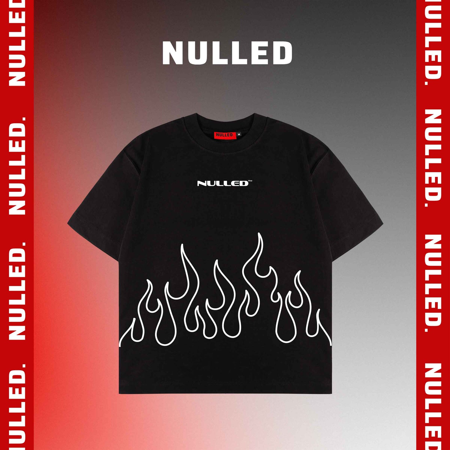 Black t-shirt with white flame design and 'NULLED' branding on a gradient background