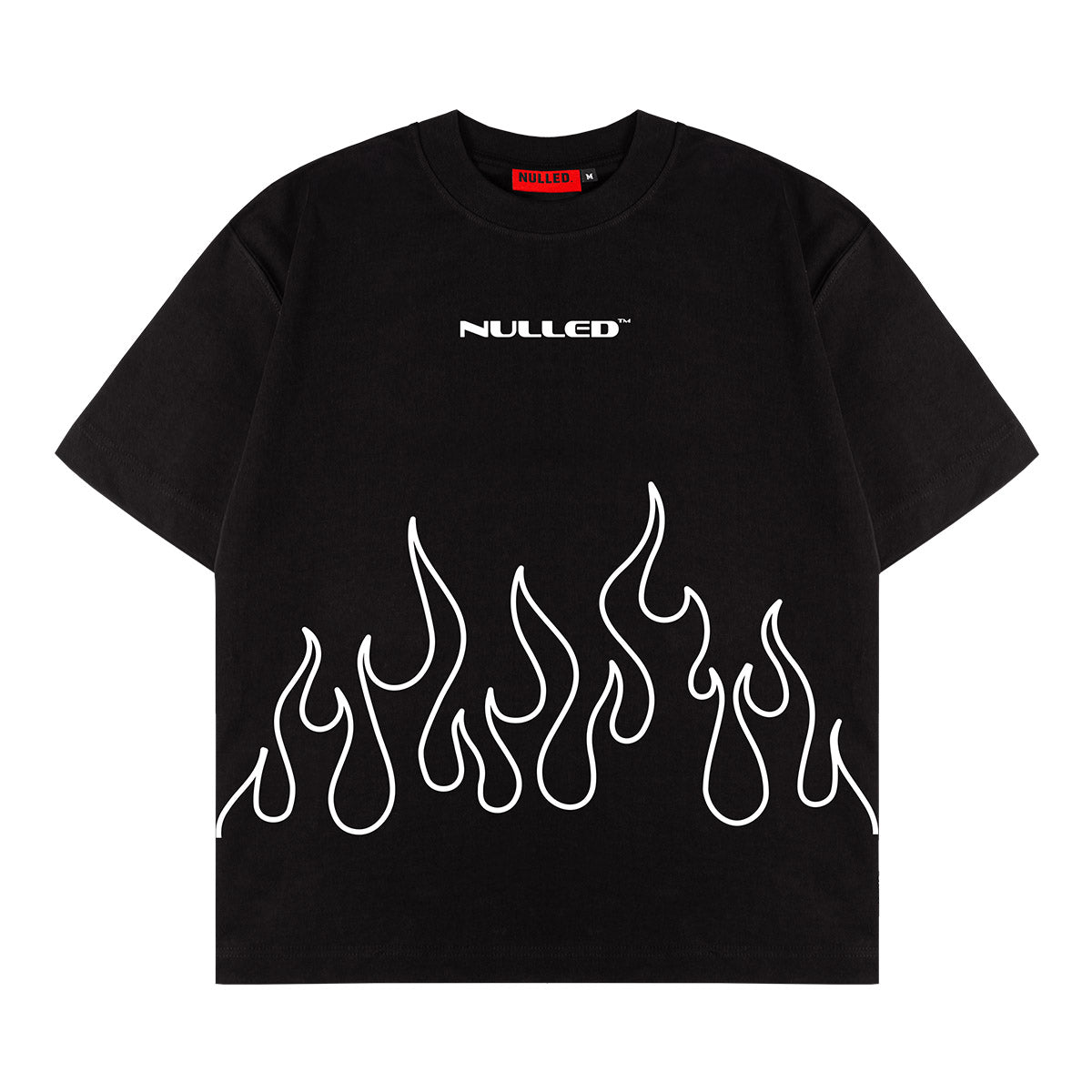 Black t-shirt with white flame design and 'NULLED' logo on a white background