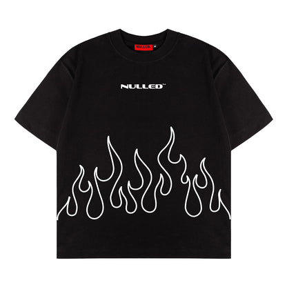 Black t-shirt with white flame design and 'NULLED' logo on a white background