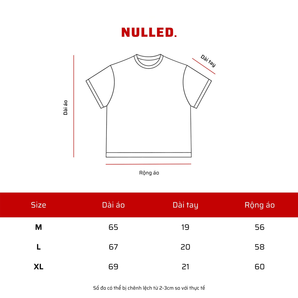 T-shirt size chart with dimensions labeled in Vietnamese