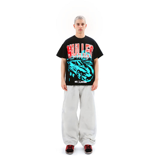 Person wearing a black t-shirt with colorful graphics and text on a white background