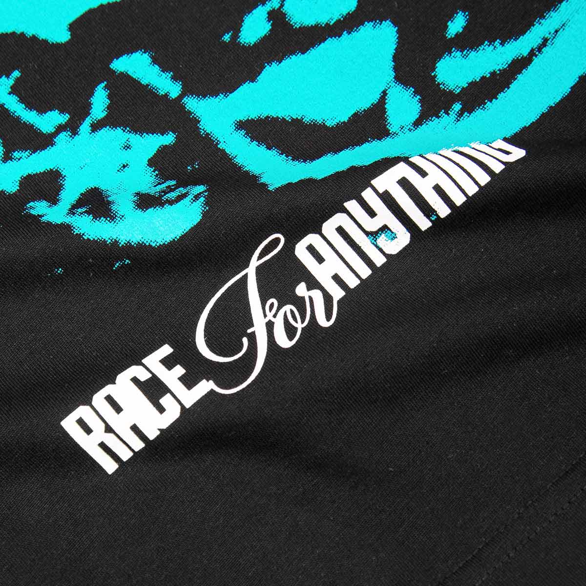 Black fabric with blue graphic and 'Race For Anything' text